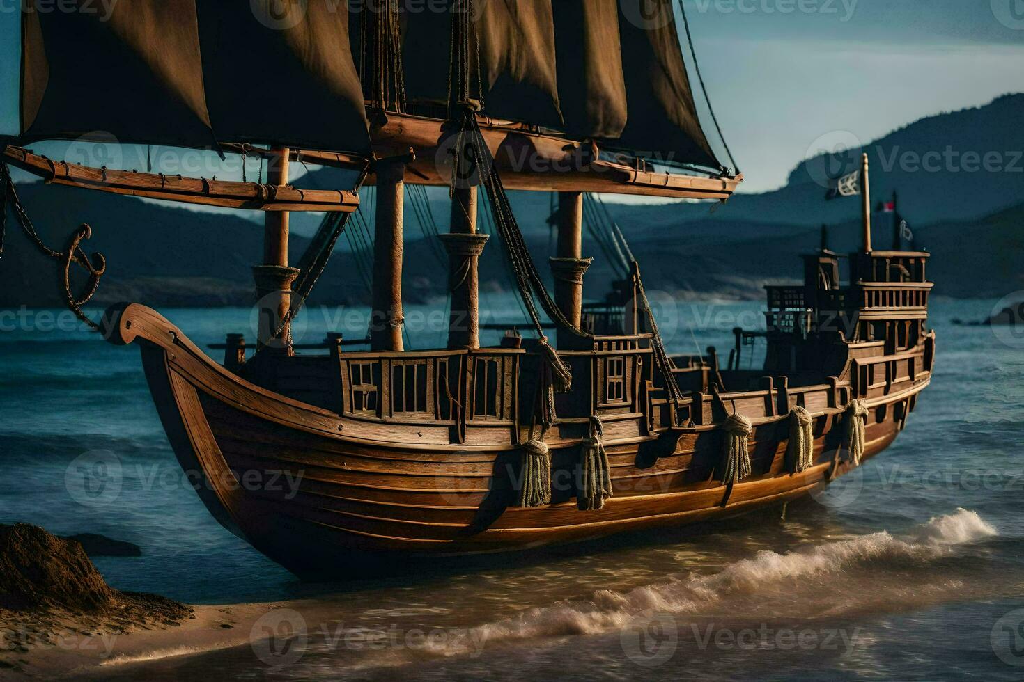 a wooden ship on the beach near the ocean. AI-Generated photo