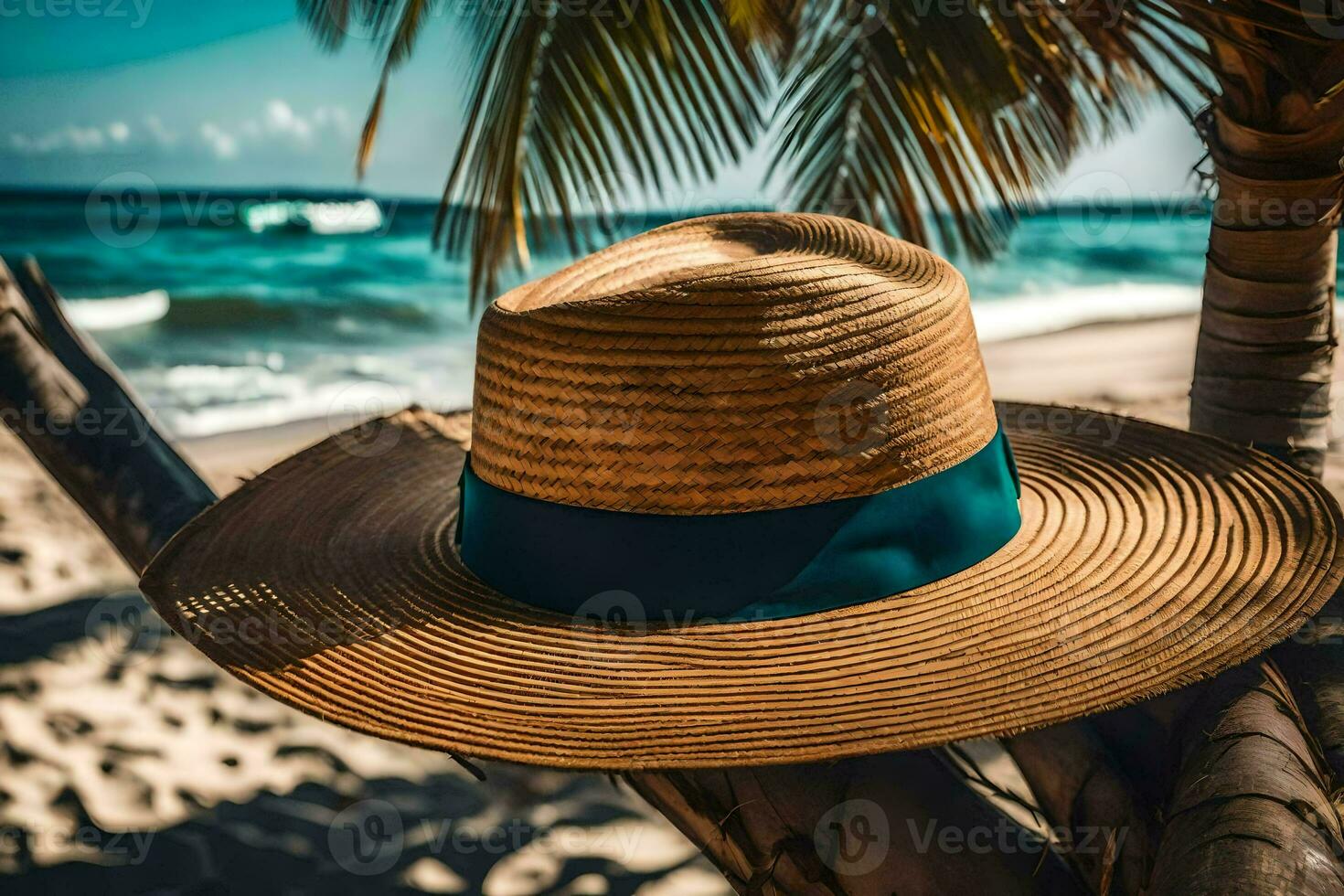 a hat sits on a palm tree near the ocean. AI-Generated photo