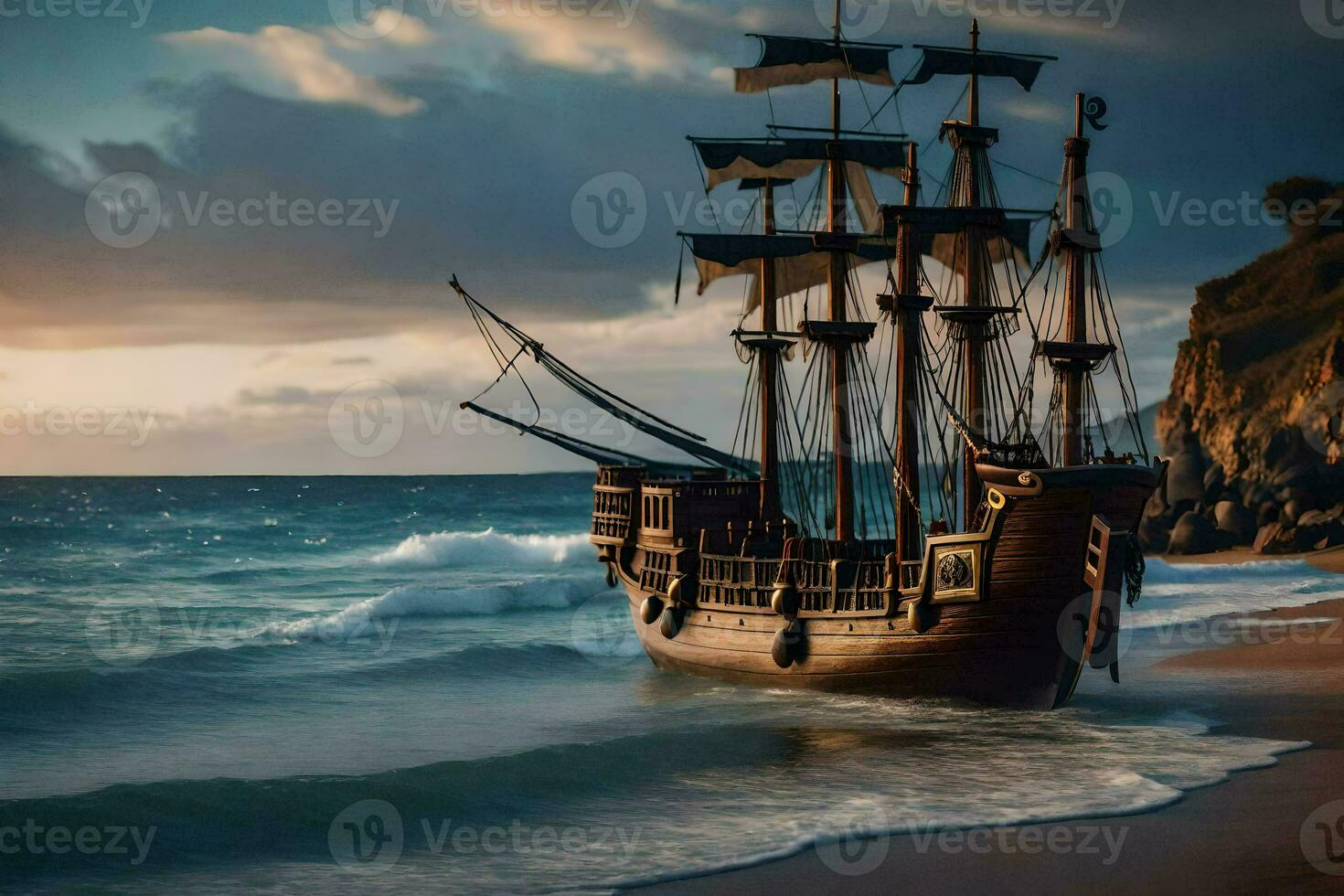 a pirate ship on the beach at sunset. AI-Generated photo