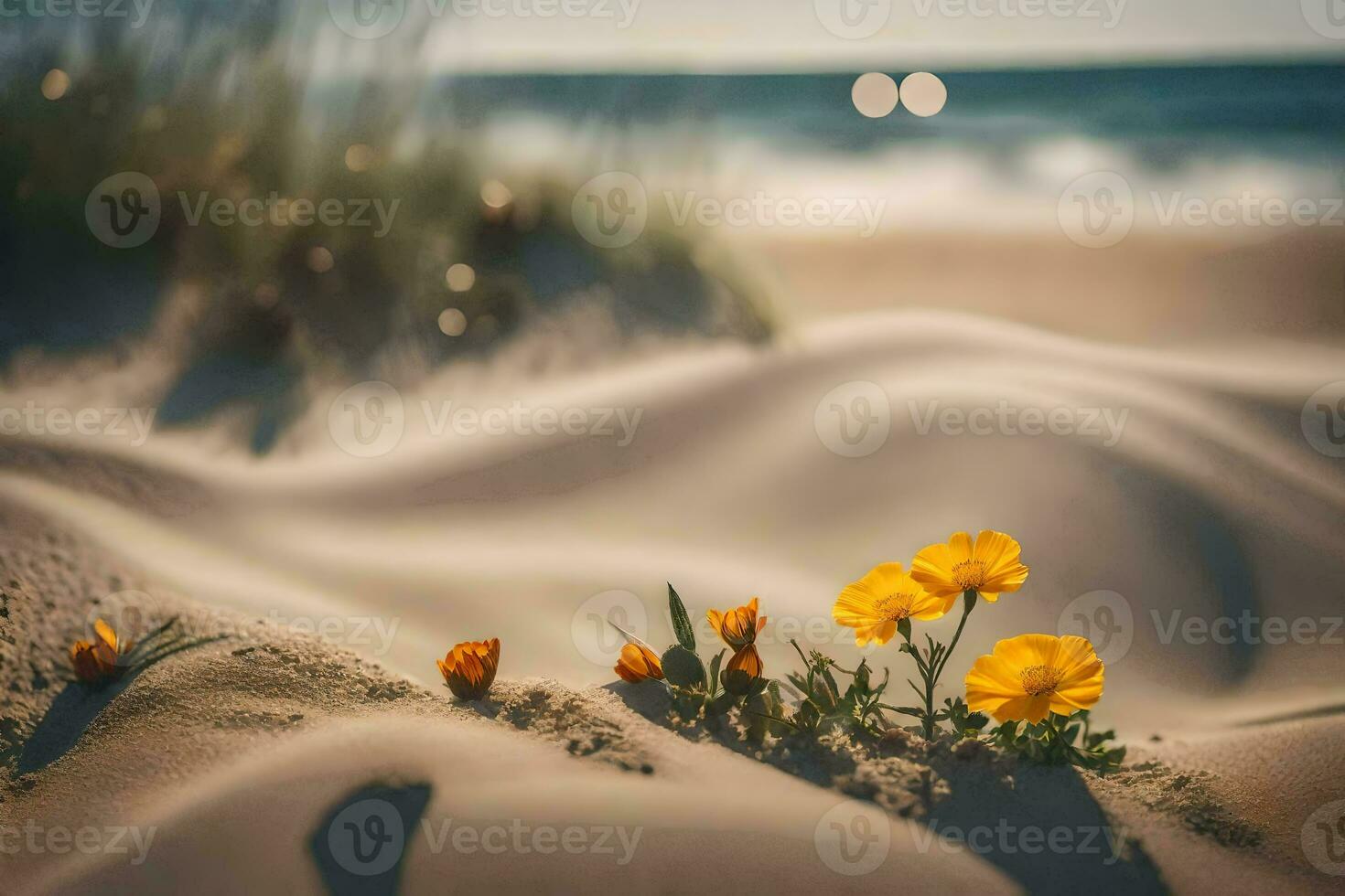 the beach, flowers, sand, flowers, beach, flowers, sand, flowers, beach,. AI-Generated photo