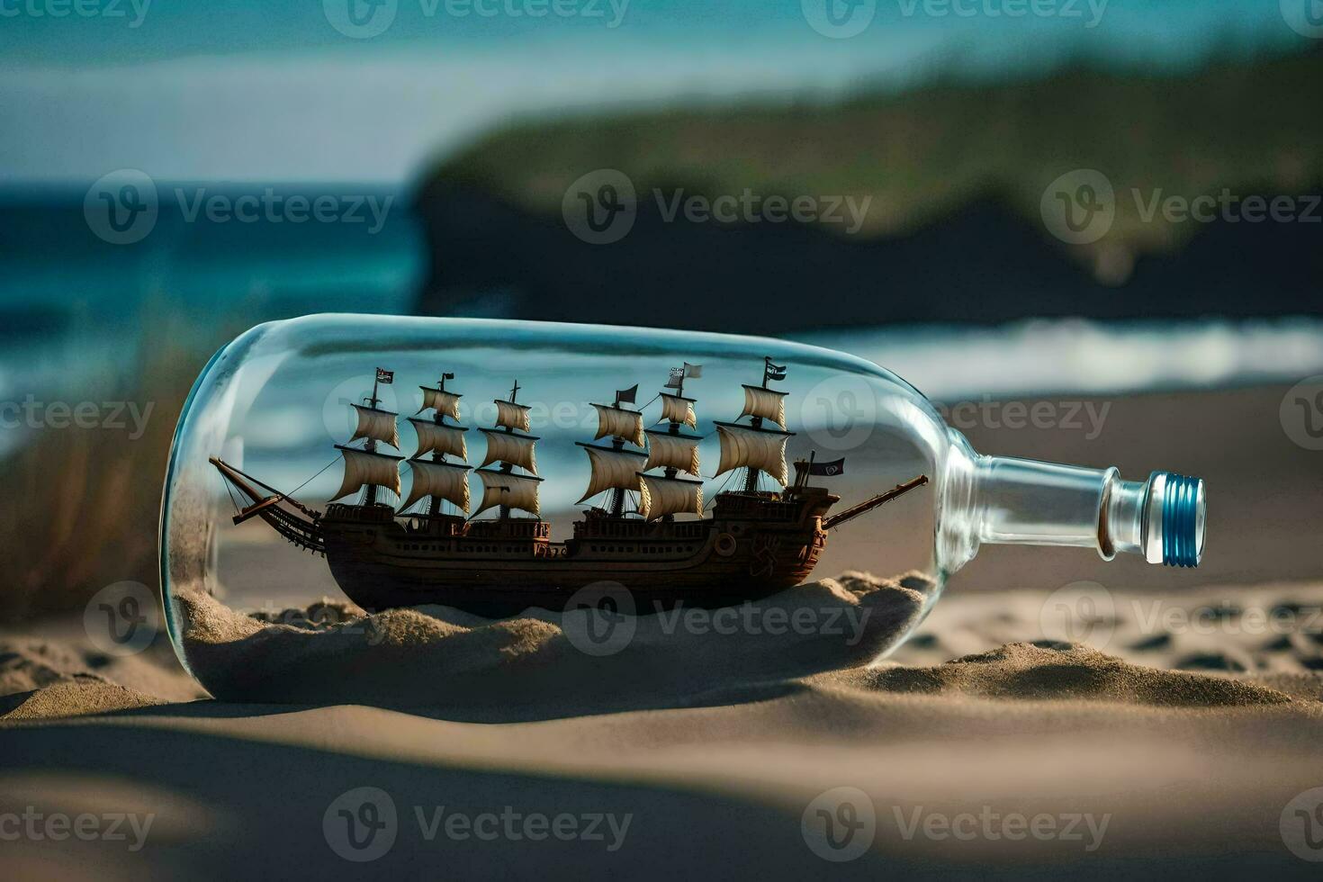 ship in a bottle on the beach. AI-Generated photo