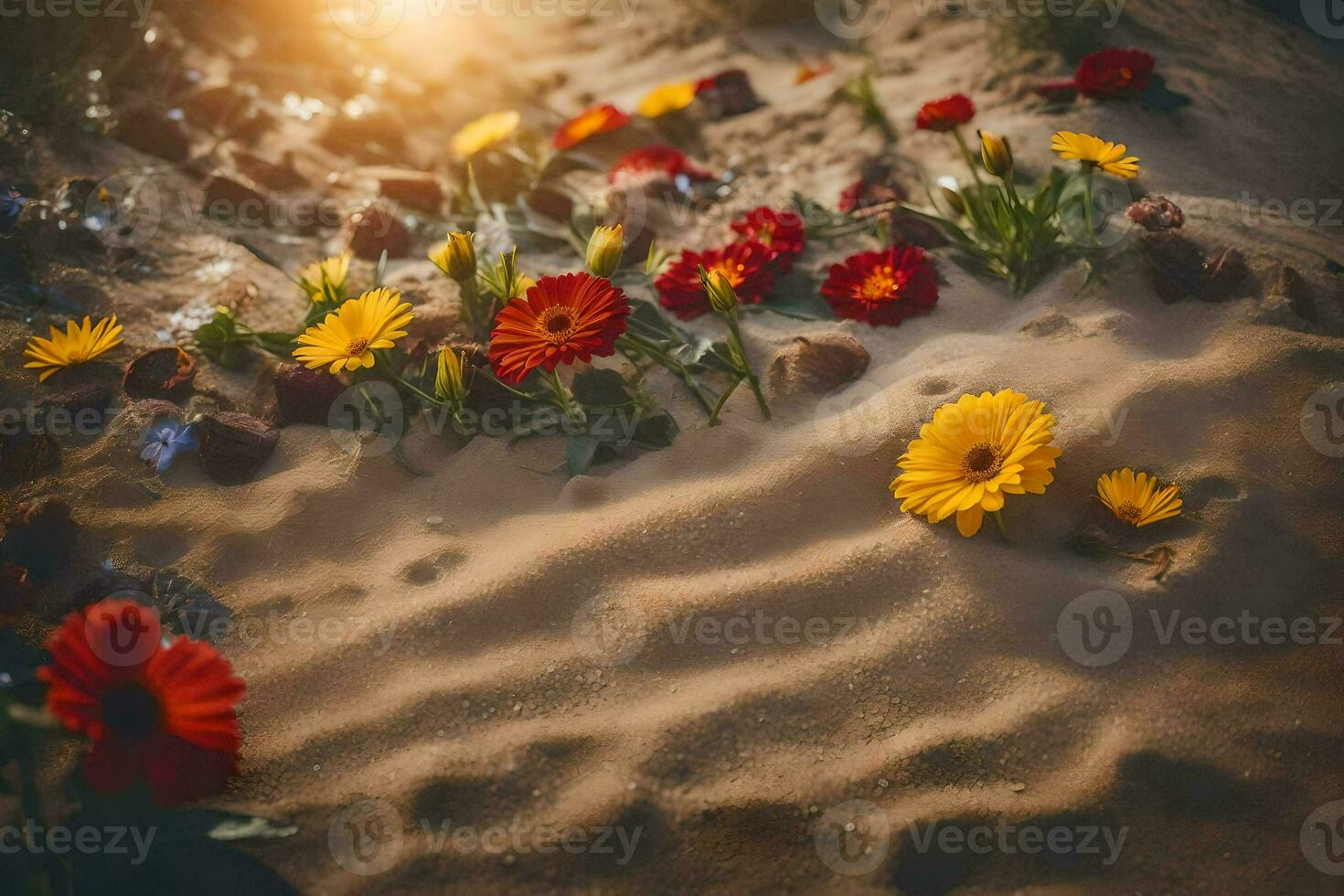 flowers in the sand at sunset. AI-Generated photo