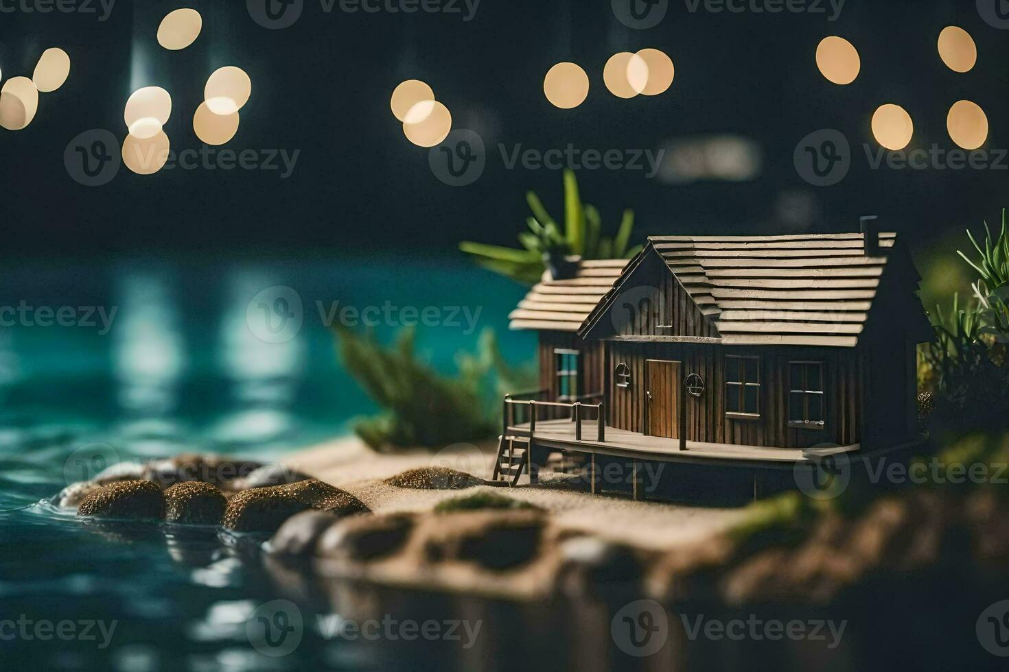 a miniature house on a small island in the water. AI-Generated photo