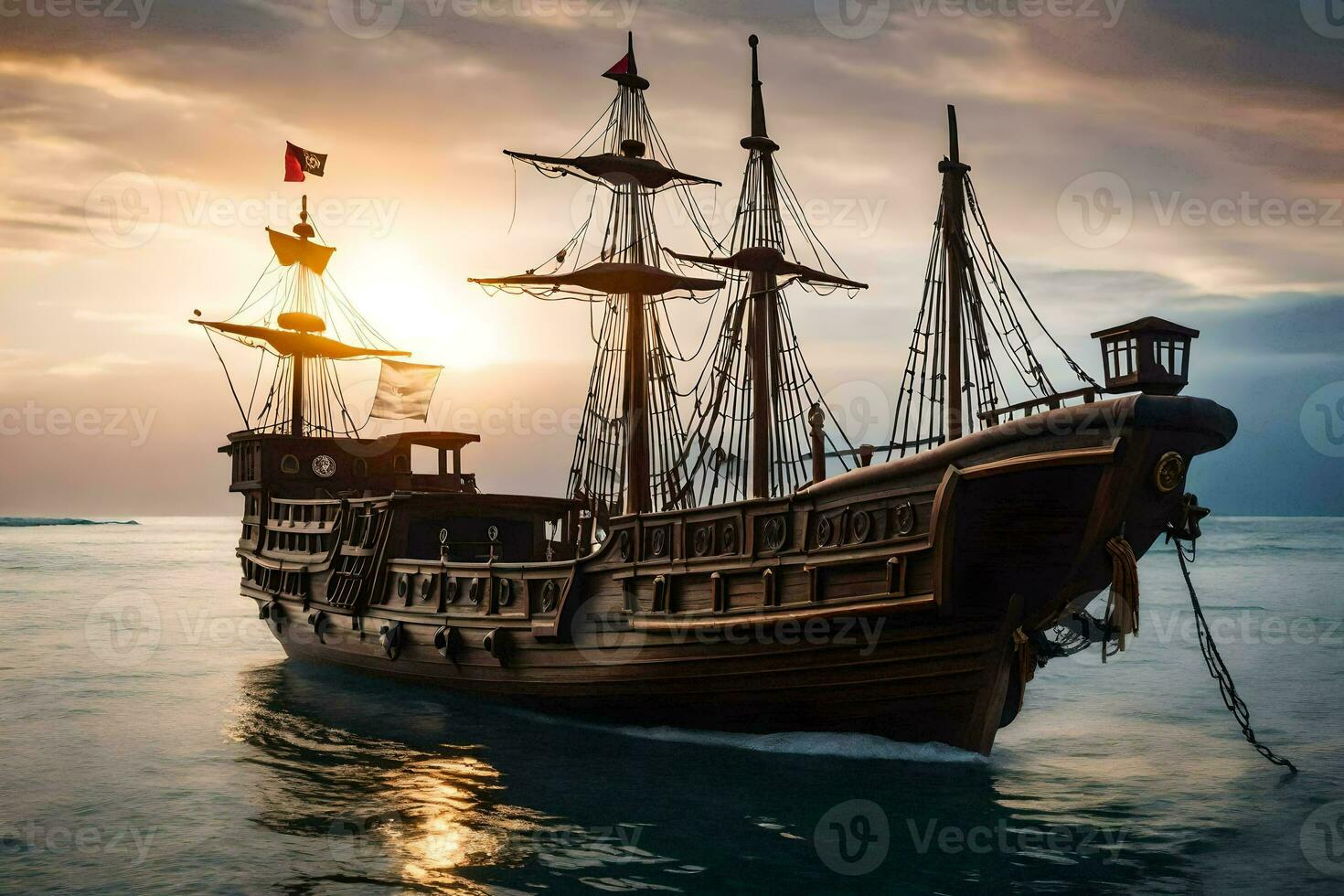 a pirate ship is sailing in the ocean. AI-Generated photo