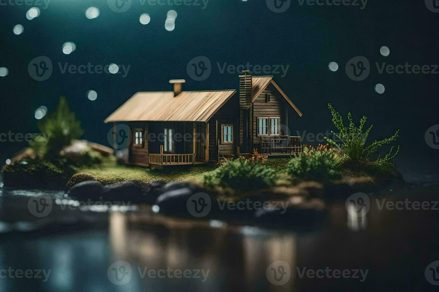 a miniature house on a small island in the middle of the water. AI-Generated photo