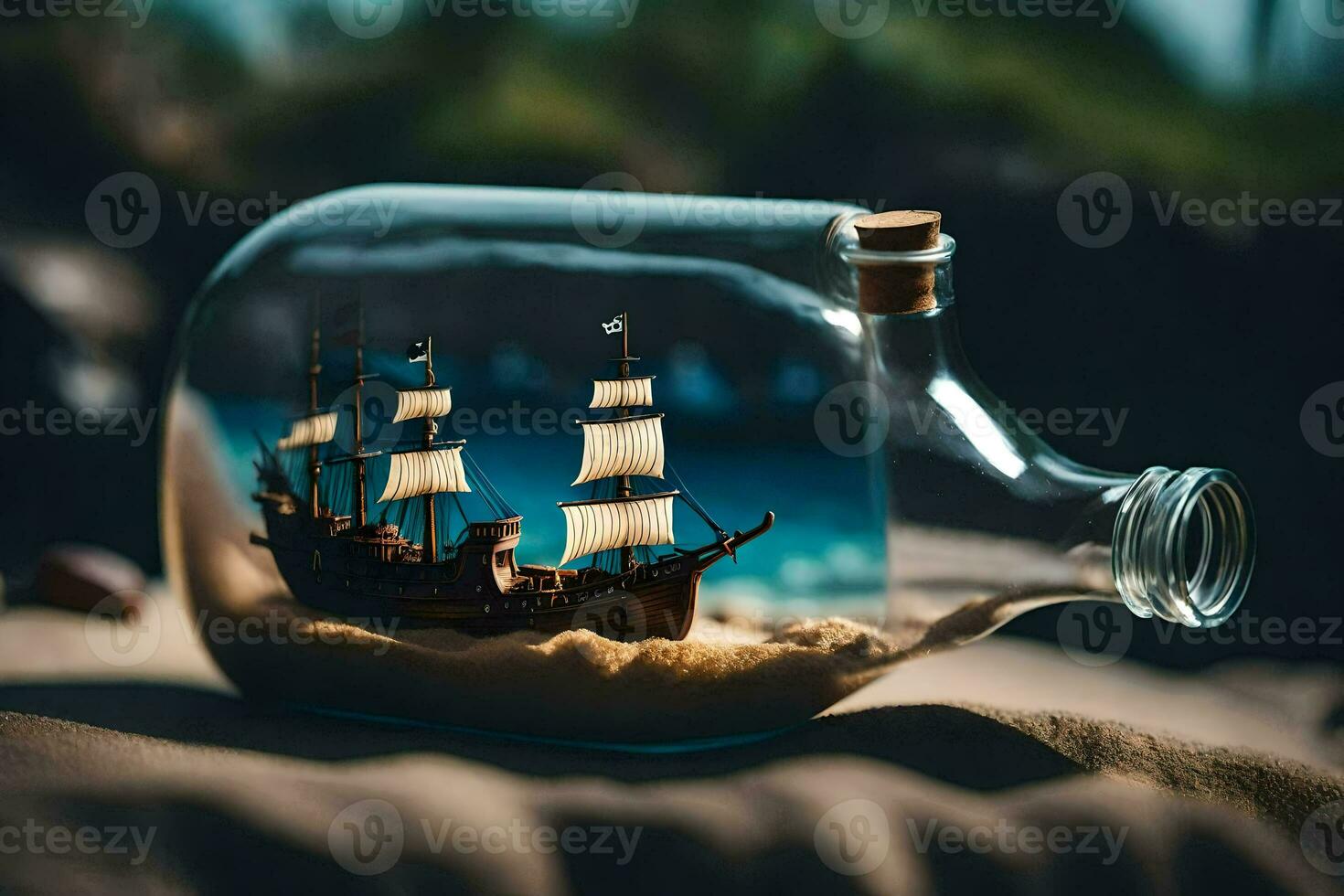 a ship in a bottle on the beach. AI-Generated photo