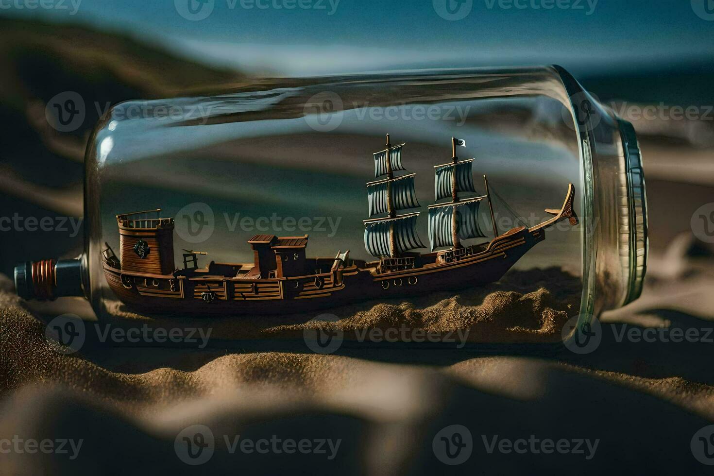 a ship in a bottle on the beach. AI-Generated photo