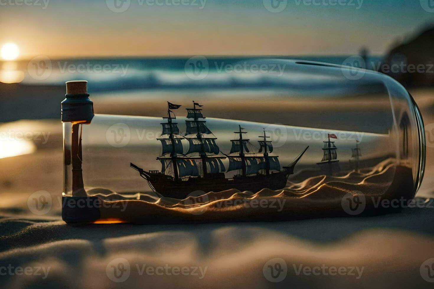 a ship in a bottle on the beach with a sunset. AI-Generated photo