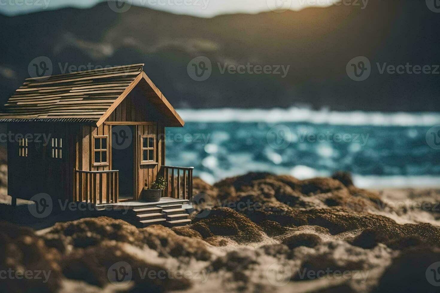 a miniature wooden house on the beach. AI-Generated photo