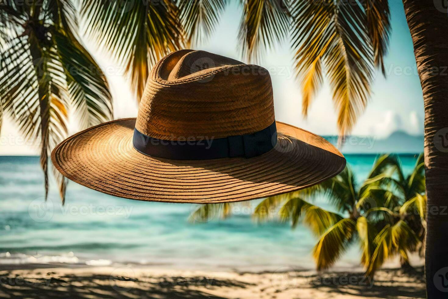 a hat hanging from a palm tree on a beach. AI-Generated photo