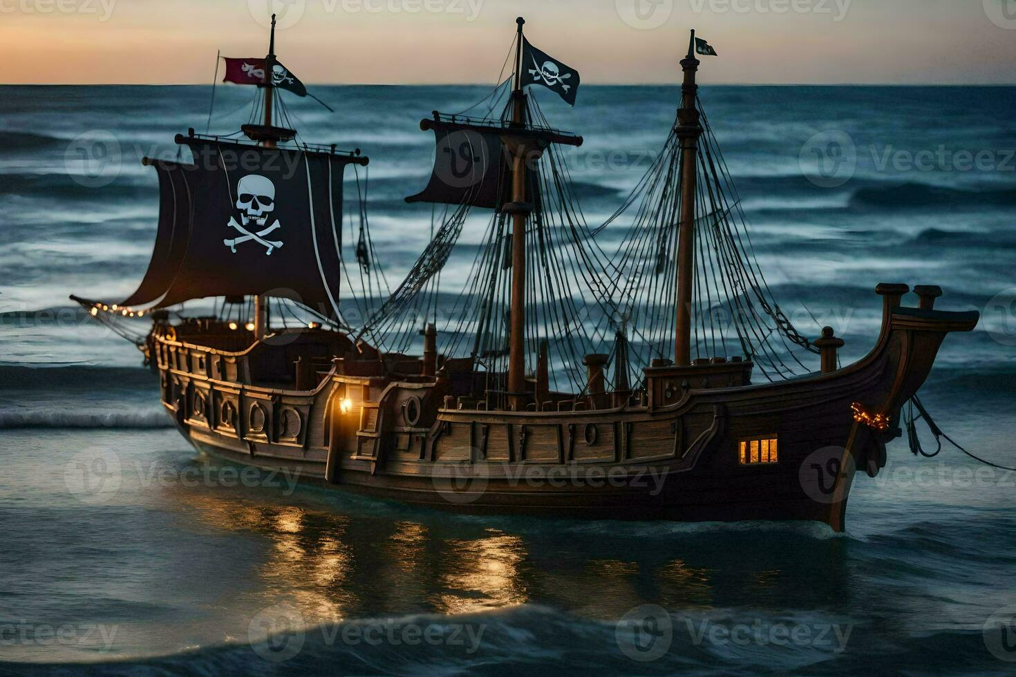 un pirata Embarcacion es navegación en el Oceano a puesta de sol. generado por ai foto