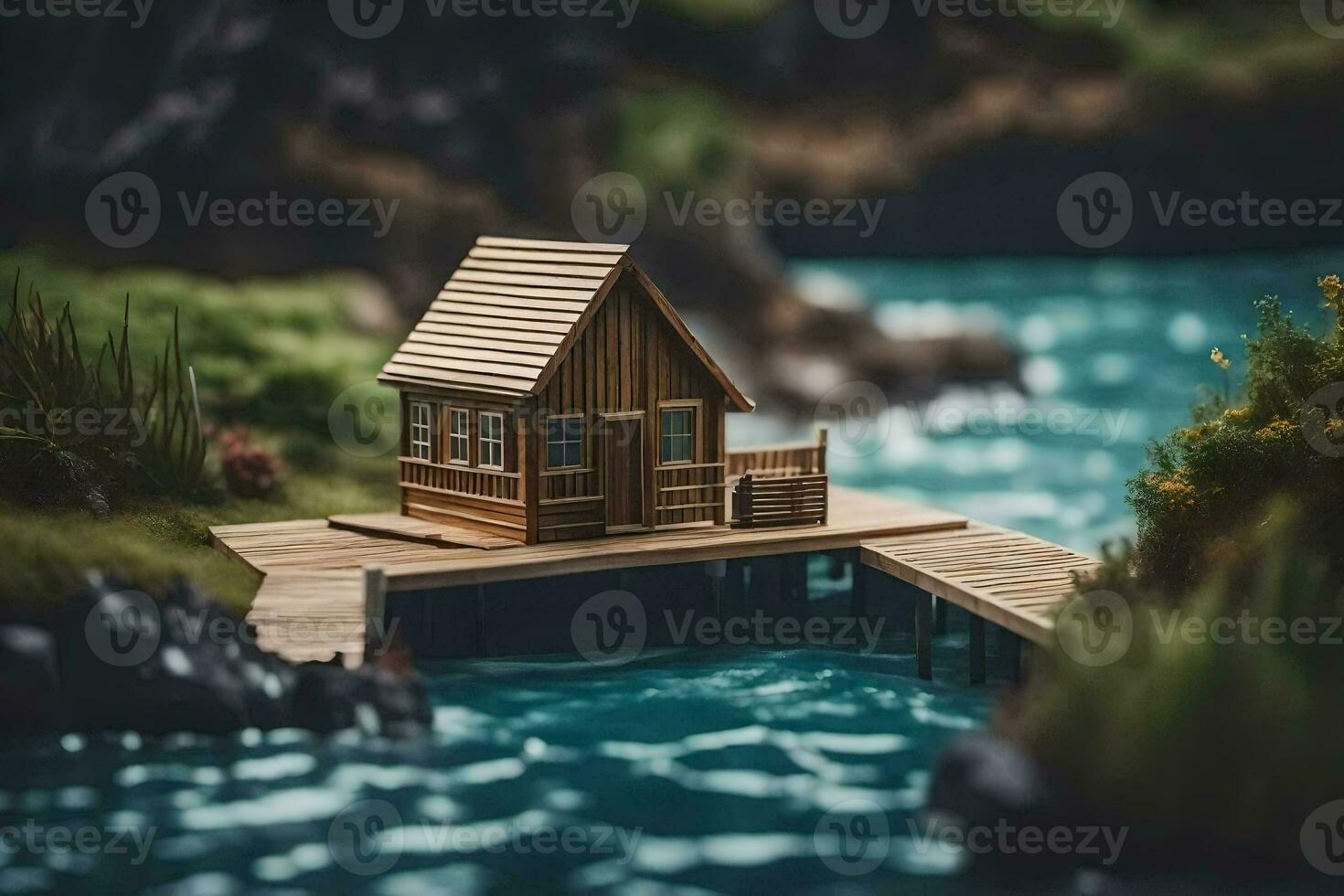 un miniatura casa en un muelle en el medio de un lago. generado por ai foto