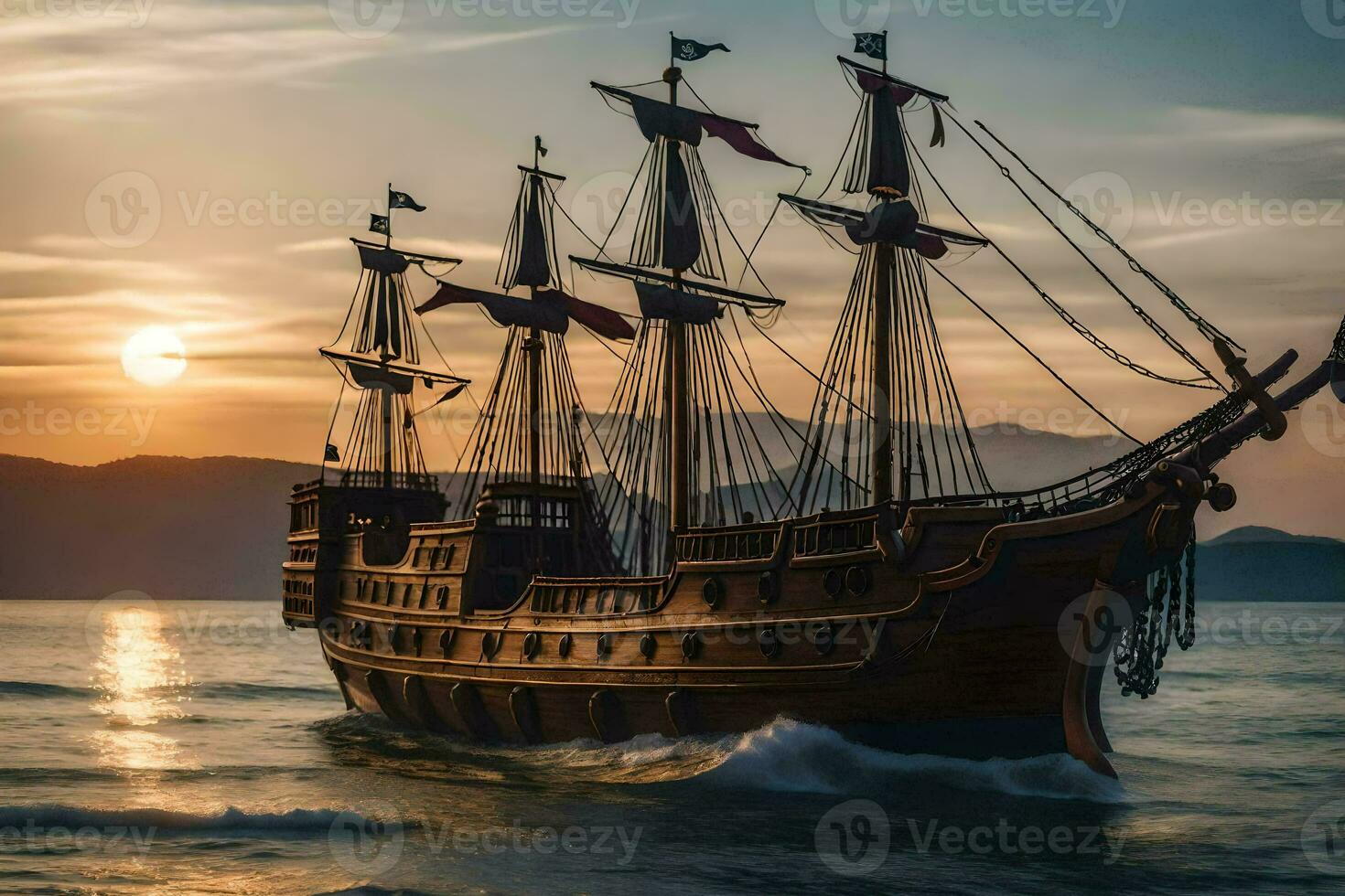 un pirata Embarcacion navegación en el Oceano a puesta de sol. generado por ai foto