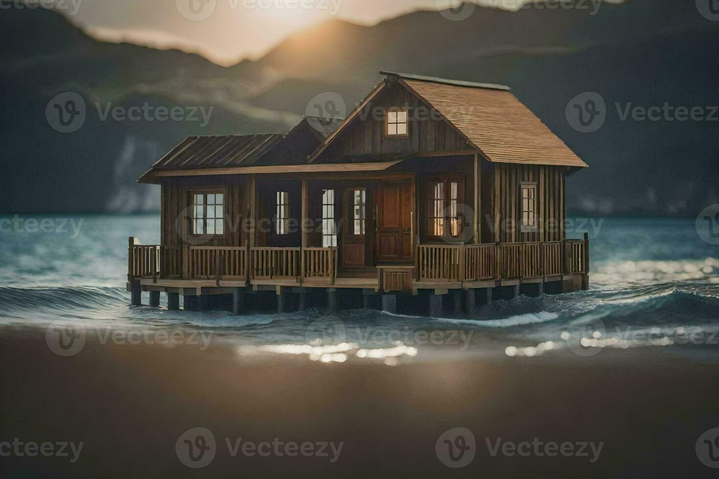 a small wooden house on the shore of the ocean. AI-Generated photo