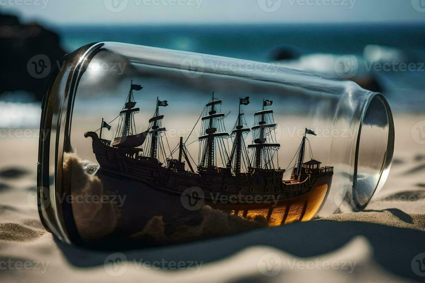 a ship in a bottle on the beach. AI-Generated photo