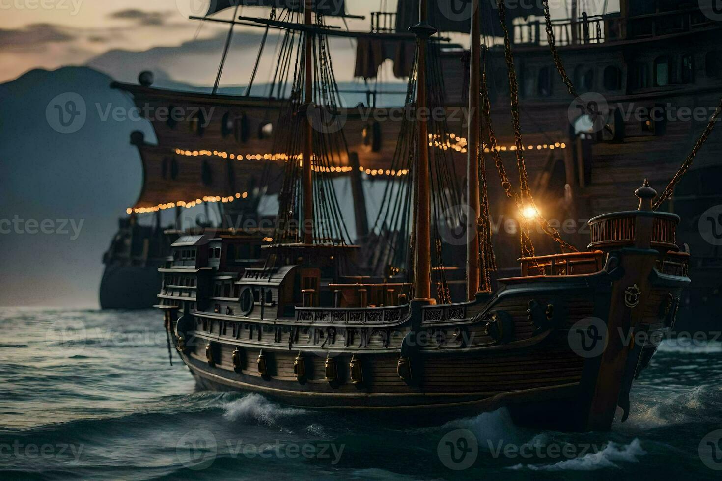 a pirate ship is sailing in the ocean. AI-Generated photo
