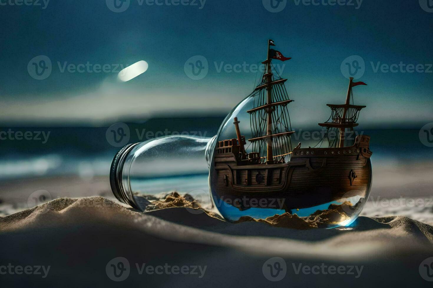 a ship in a bottle on the beach. AI-Generated photo