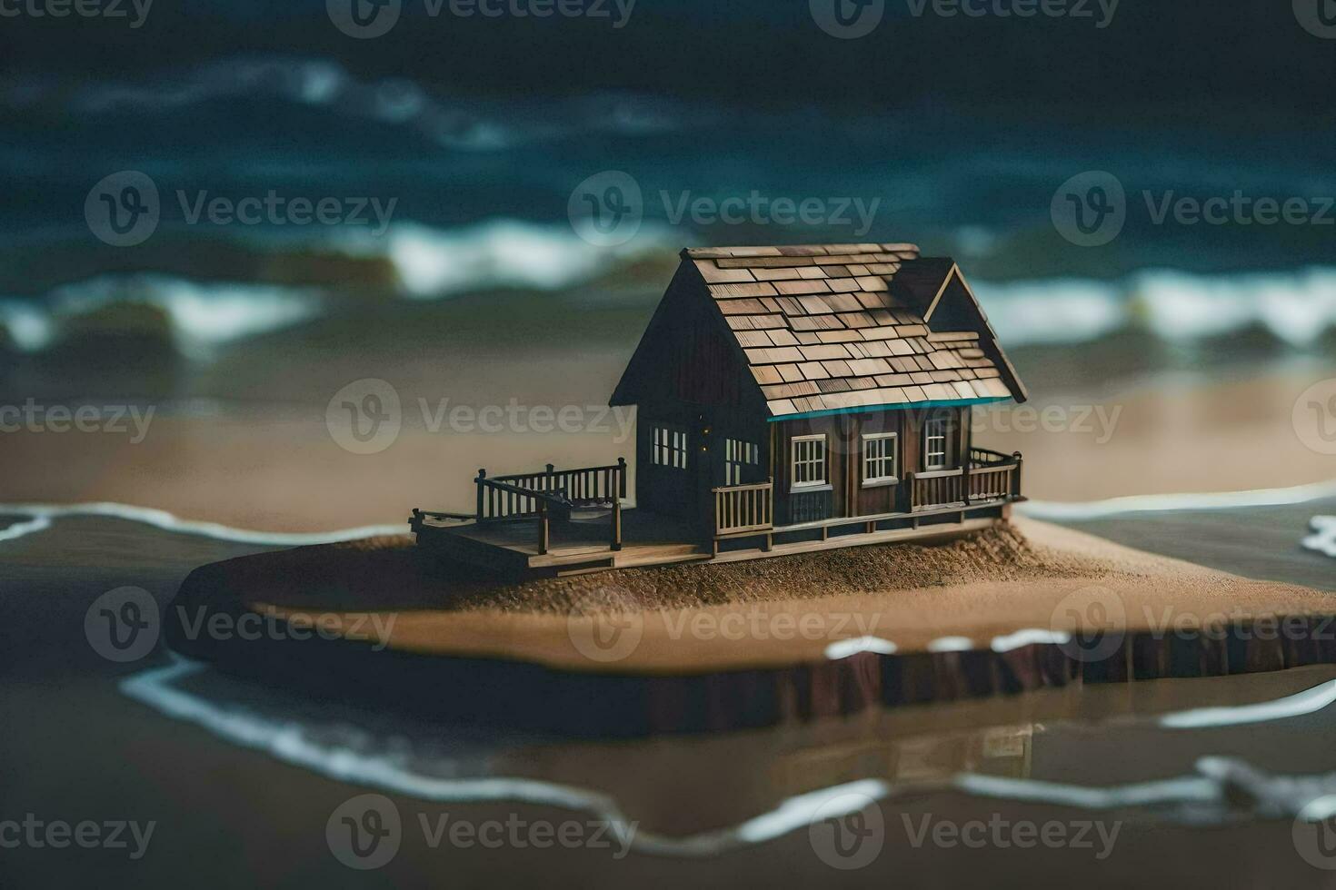 a miniature house on a small island in the ocean. AI-Generated photo