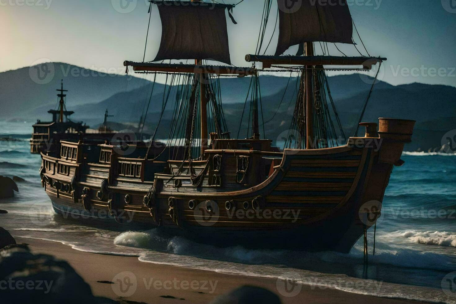 a pirate ship on the beach. AI-Generated photo