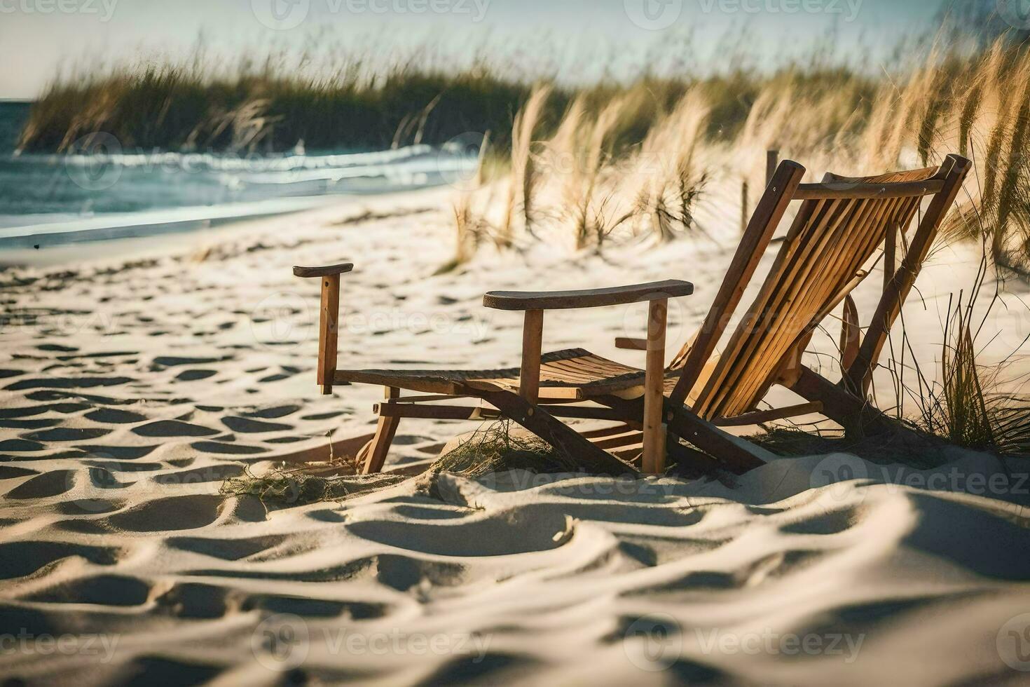 a wooden chair sits on the sand near the ocean. AI-Generated photo