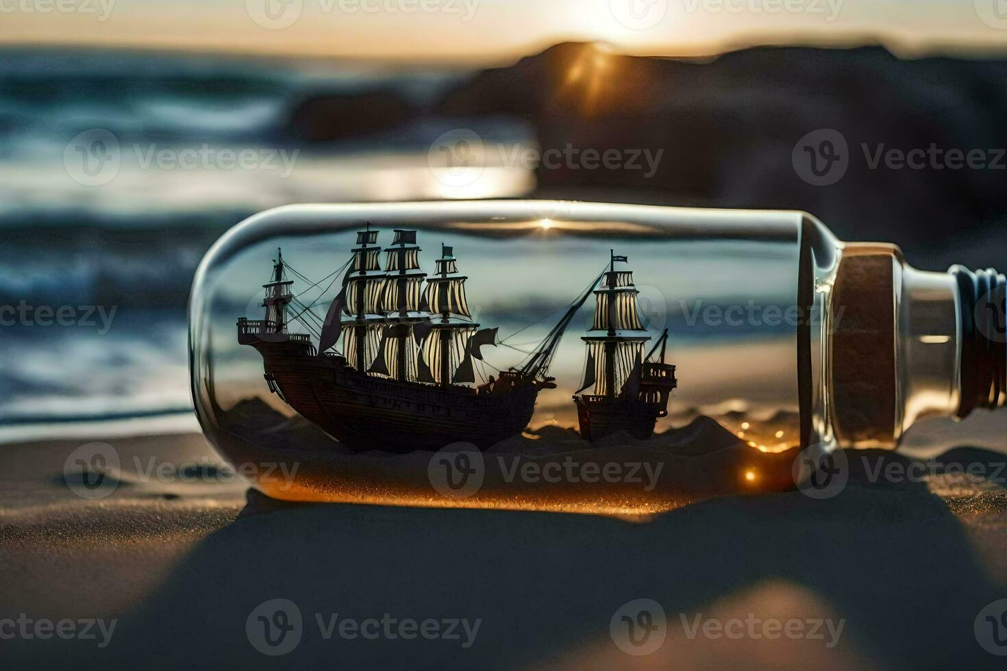 a bottle with a ship inside of it on the beach. AI-Generated photo
