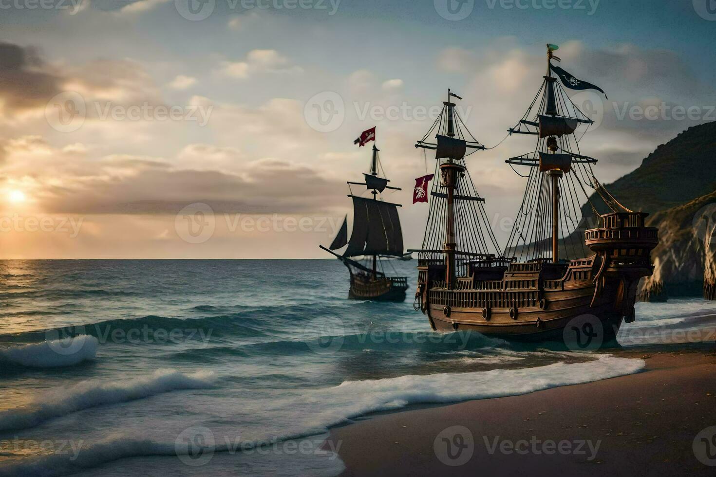 two ships on the beach at sunset. AI-Generated photo