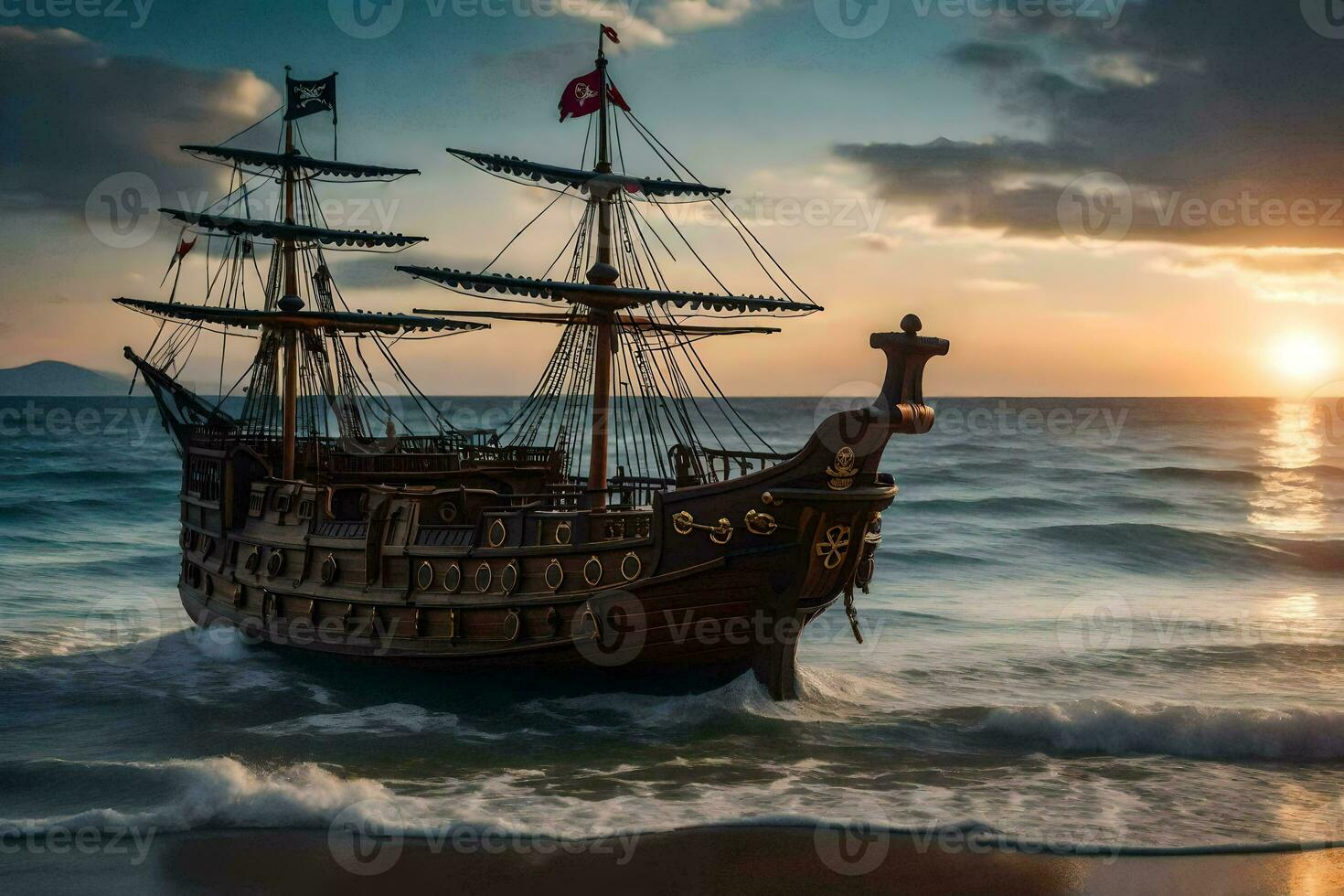 a pirate ship is sailing on the ocean at sunset. AI-Generated photo