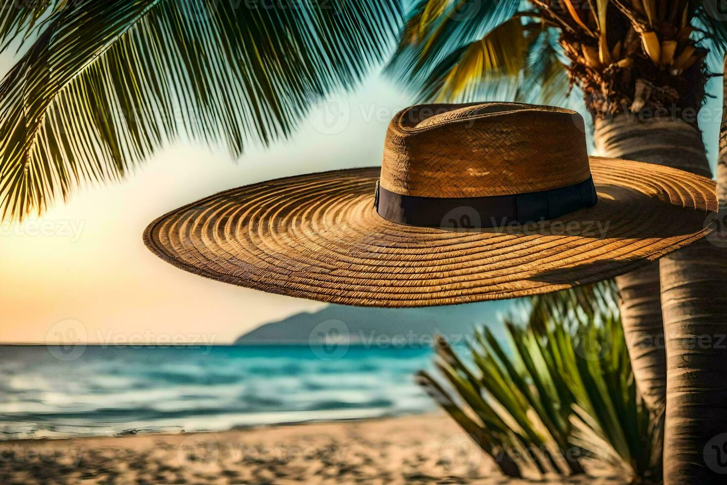 a hat is hanging on a palm tree on the beach. AI-Generated photo