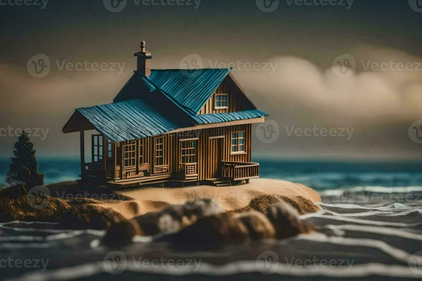 a miniature house on an island in the ocean. AI-Generated photo