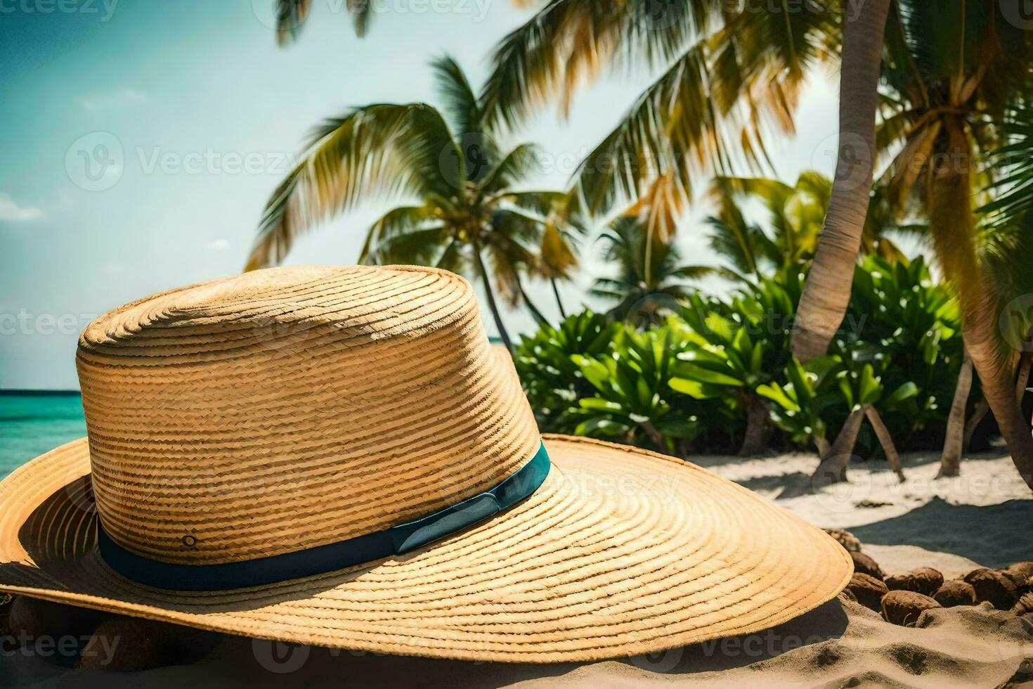 a straw hat on the beach with palm trees. AI-Generated photo