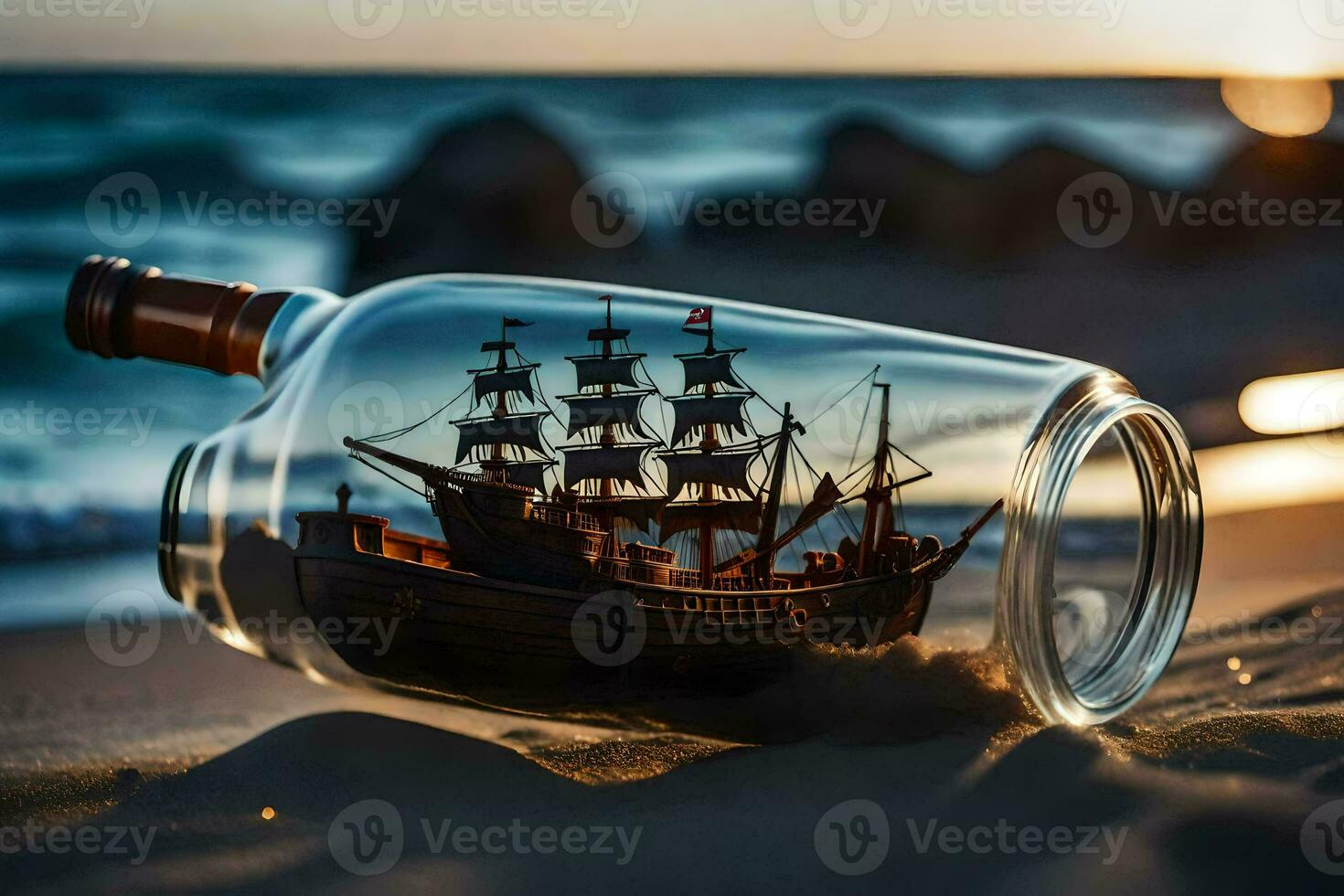 a ship in a bottle on the beach. AI-Generated photo