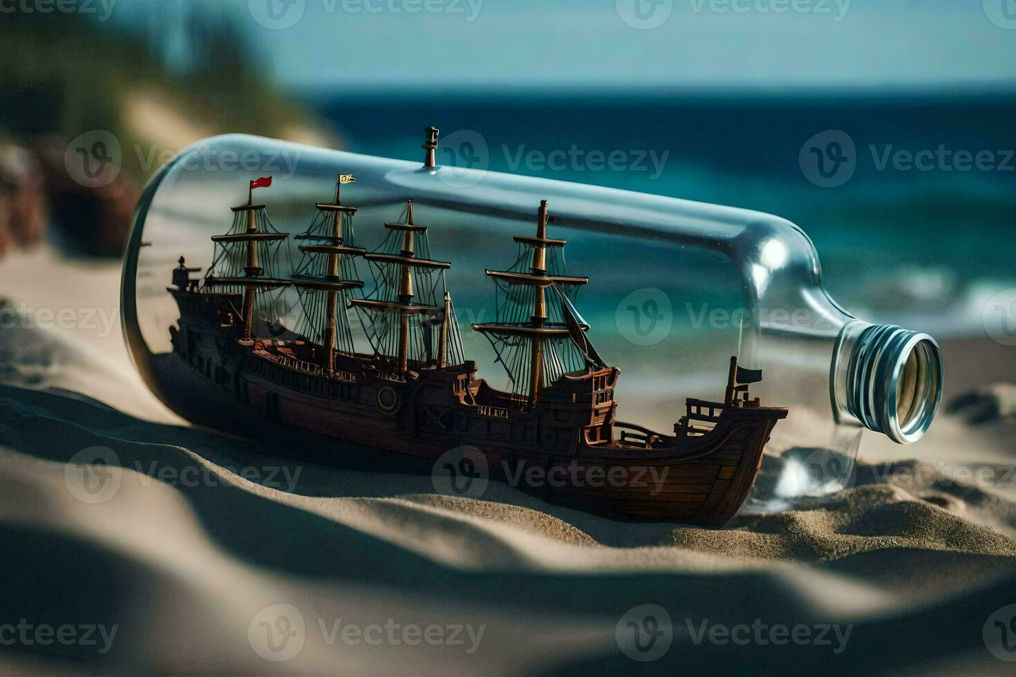 a ship in a bottle on the beach. AI-Generated photo