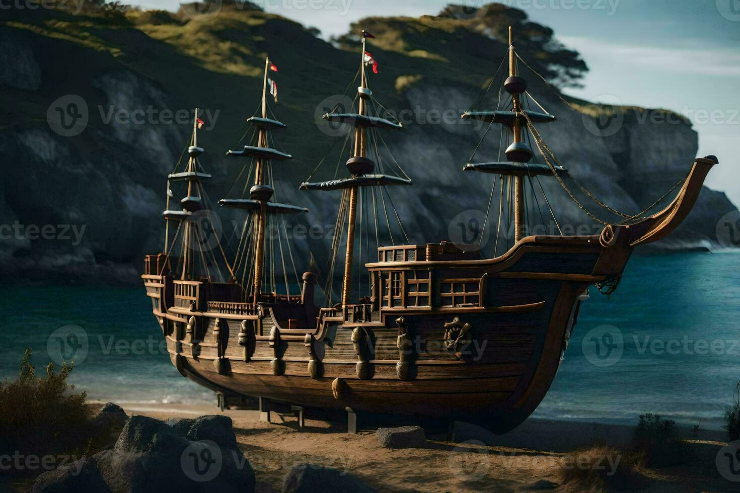 a pirate ship is sitting on the beach. AI-Generated photo