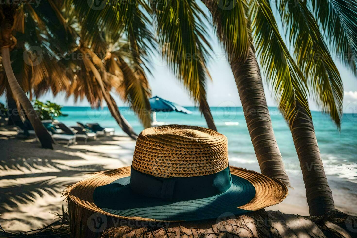 a hat sits on a tree stump near the beach. AI-Generated photo