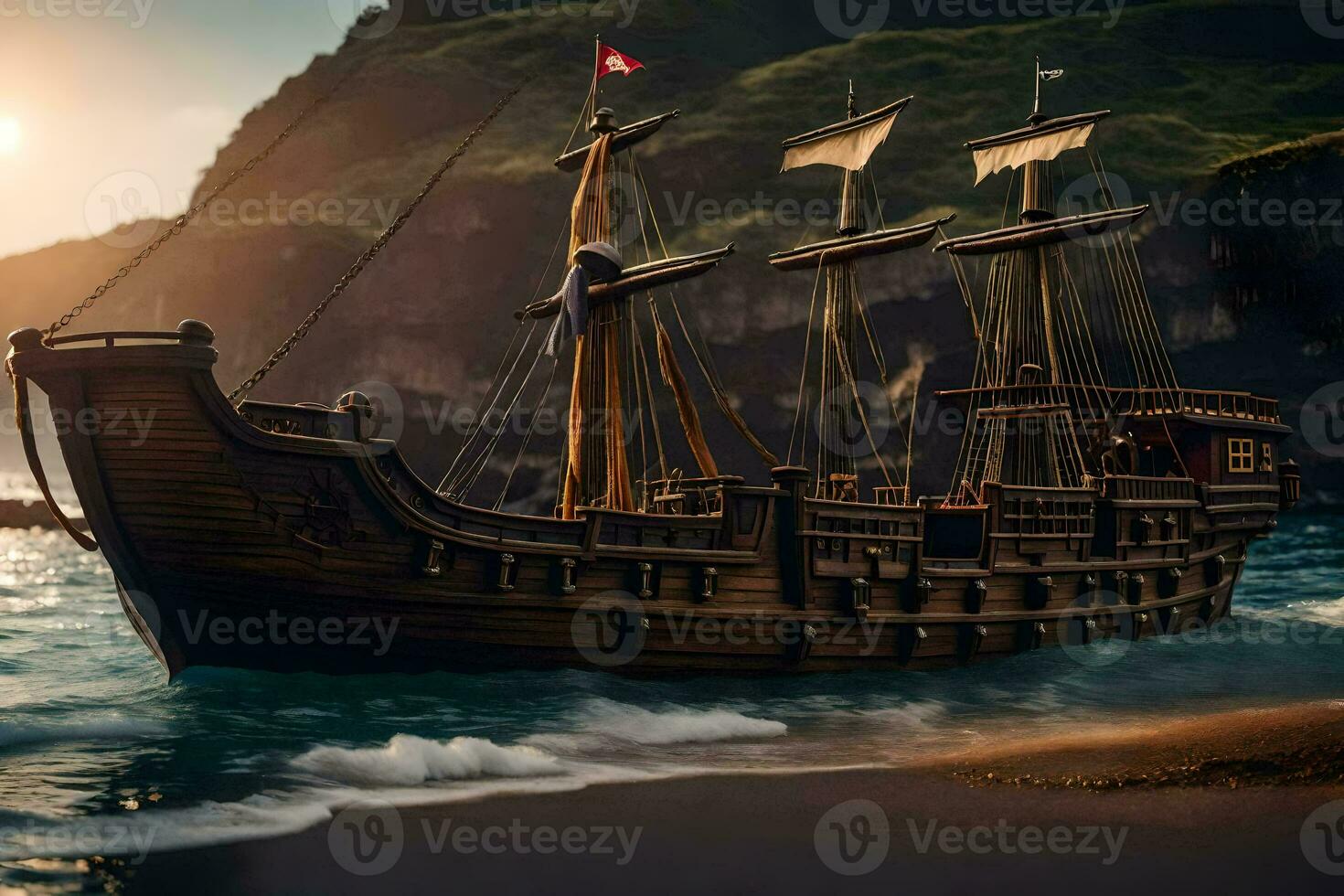 a pirate ship is on the beach near the ocean. AI-Generated photo