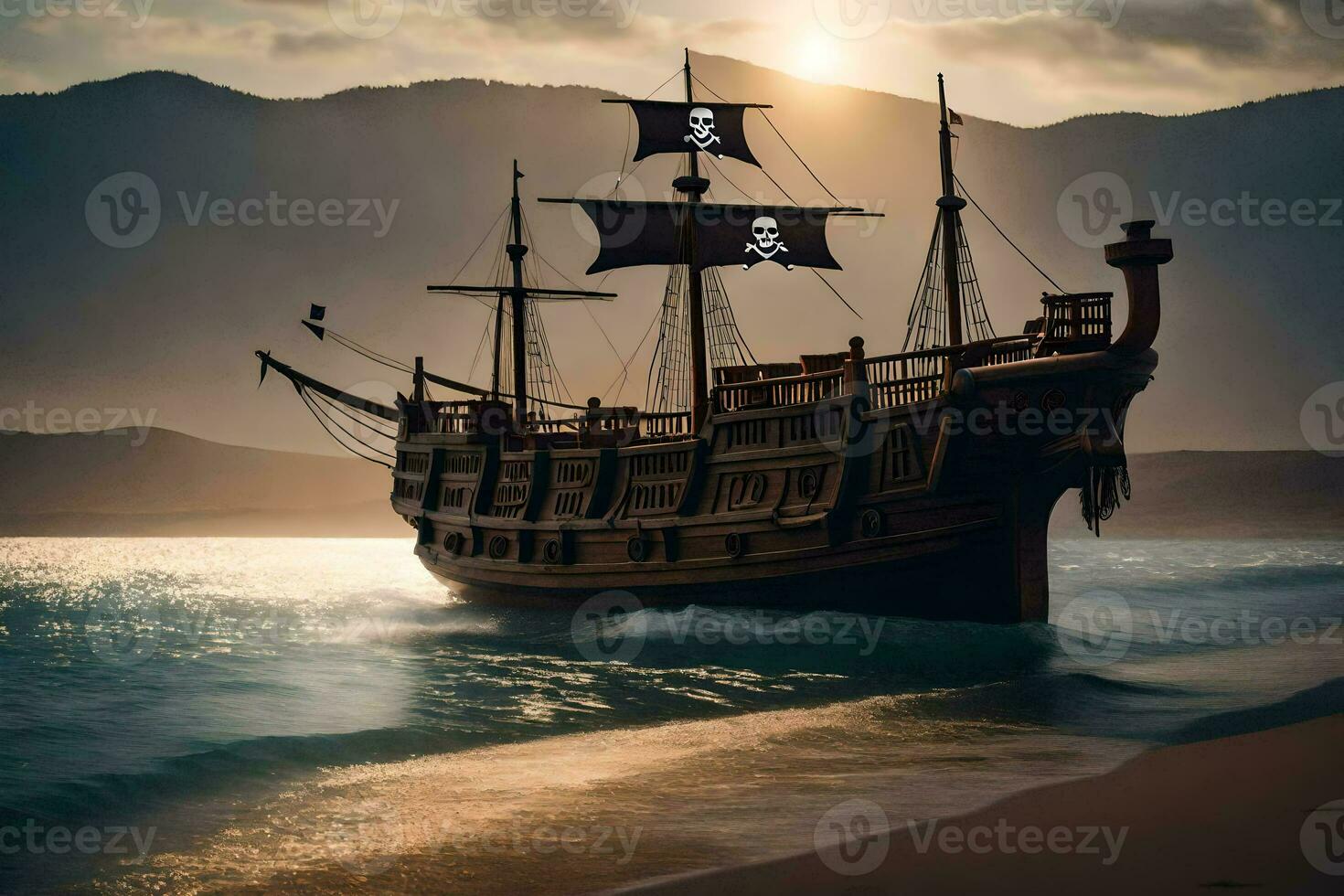 pirate ship on the beach. AI-Generated photo