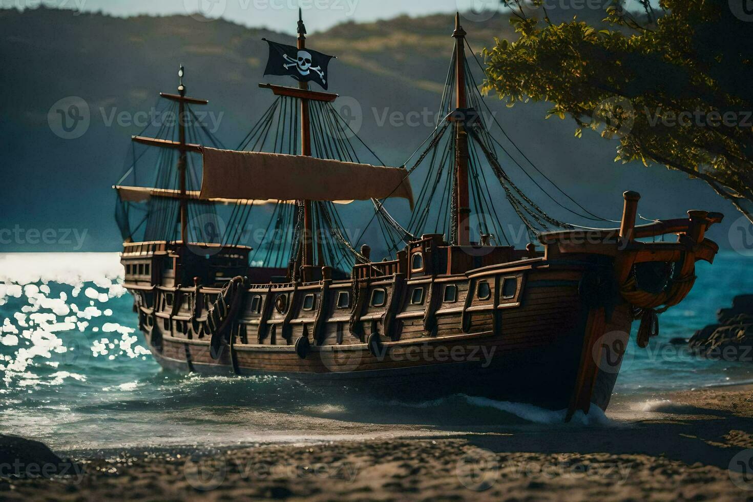 a pirate ship is on the beach near the water. AI-Generated photo