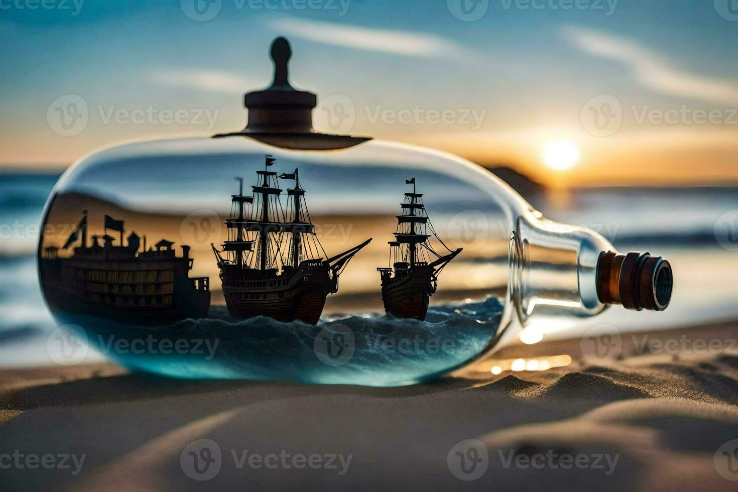 ship in a bottle on the beach. AI-Generated photo