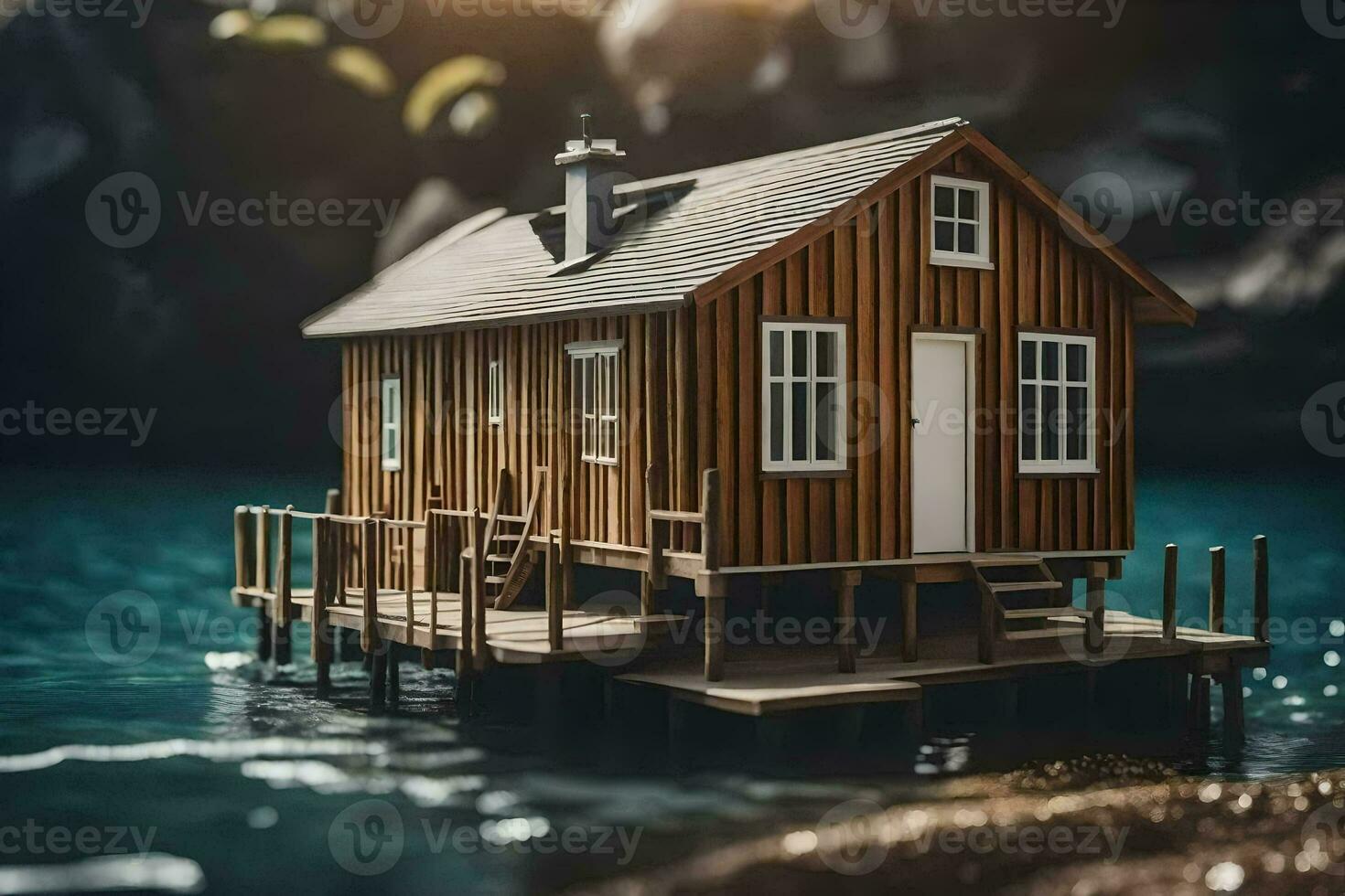a small wooden house on a dock in the water. AI-Generated photo
