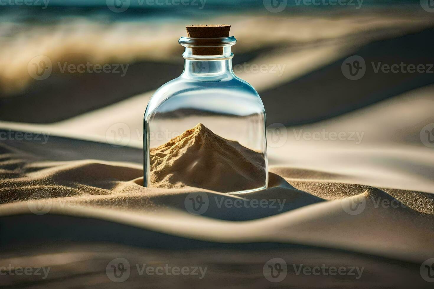 message in a bottle in the sand. AI-Generated photo