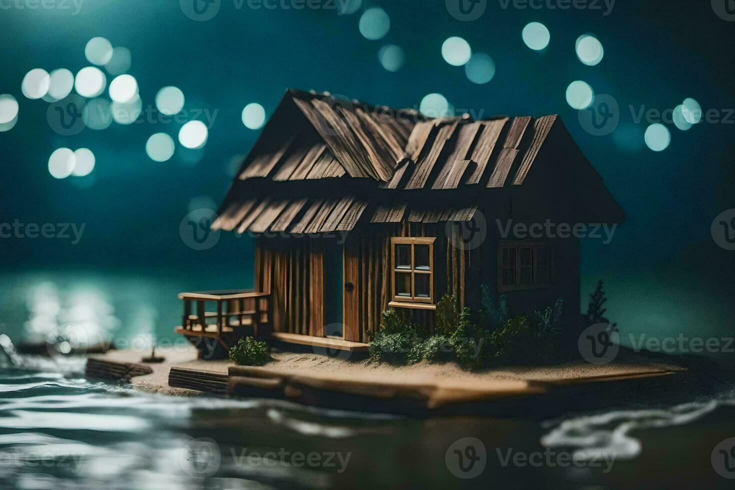 a miniature house on a small island in the water. AI-Generated photo