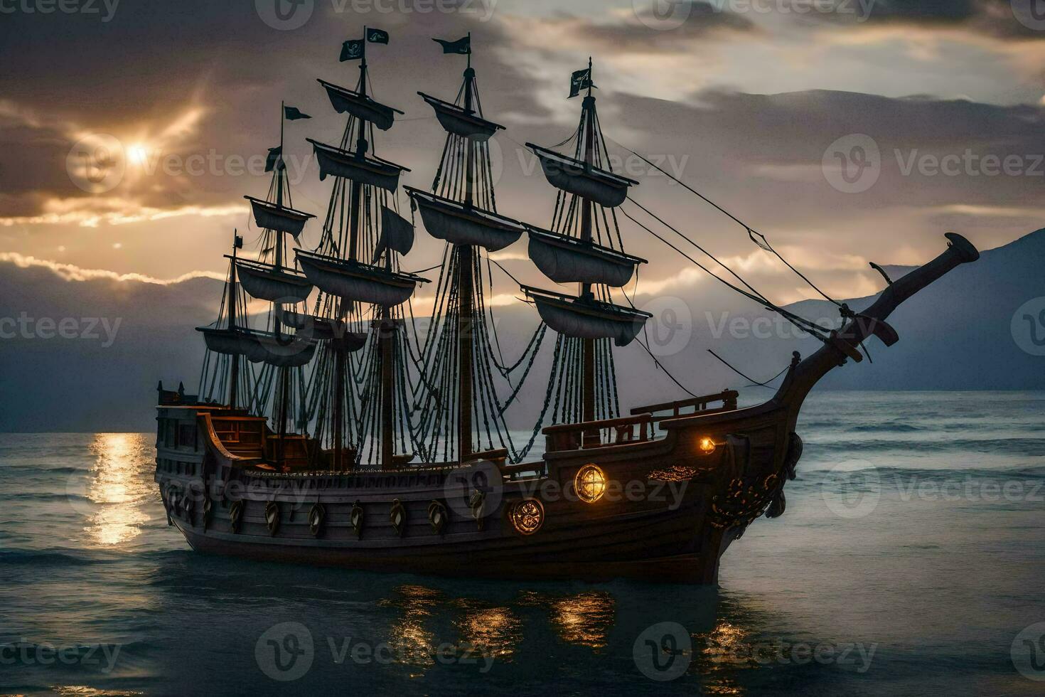 a pirate ship is sailing in the ocean at sunset. AI-Generated photo