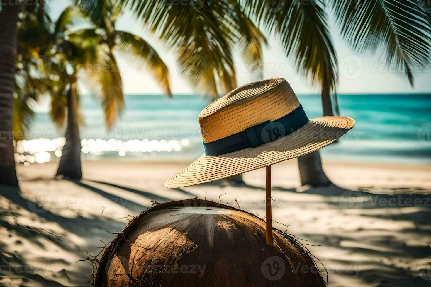 a hat and coconut on the beach. AI-Generated photo