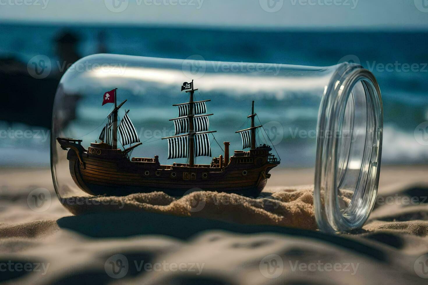 a small ship in a glass bottle on the beach. AI-Generated photo