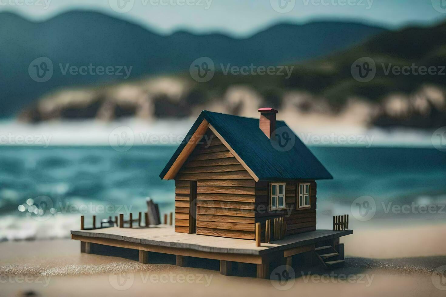 a miniature wooden house on a pier in front of the ocean. AI-Generated photo