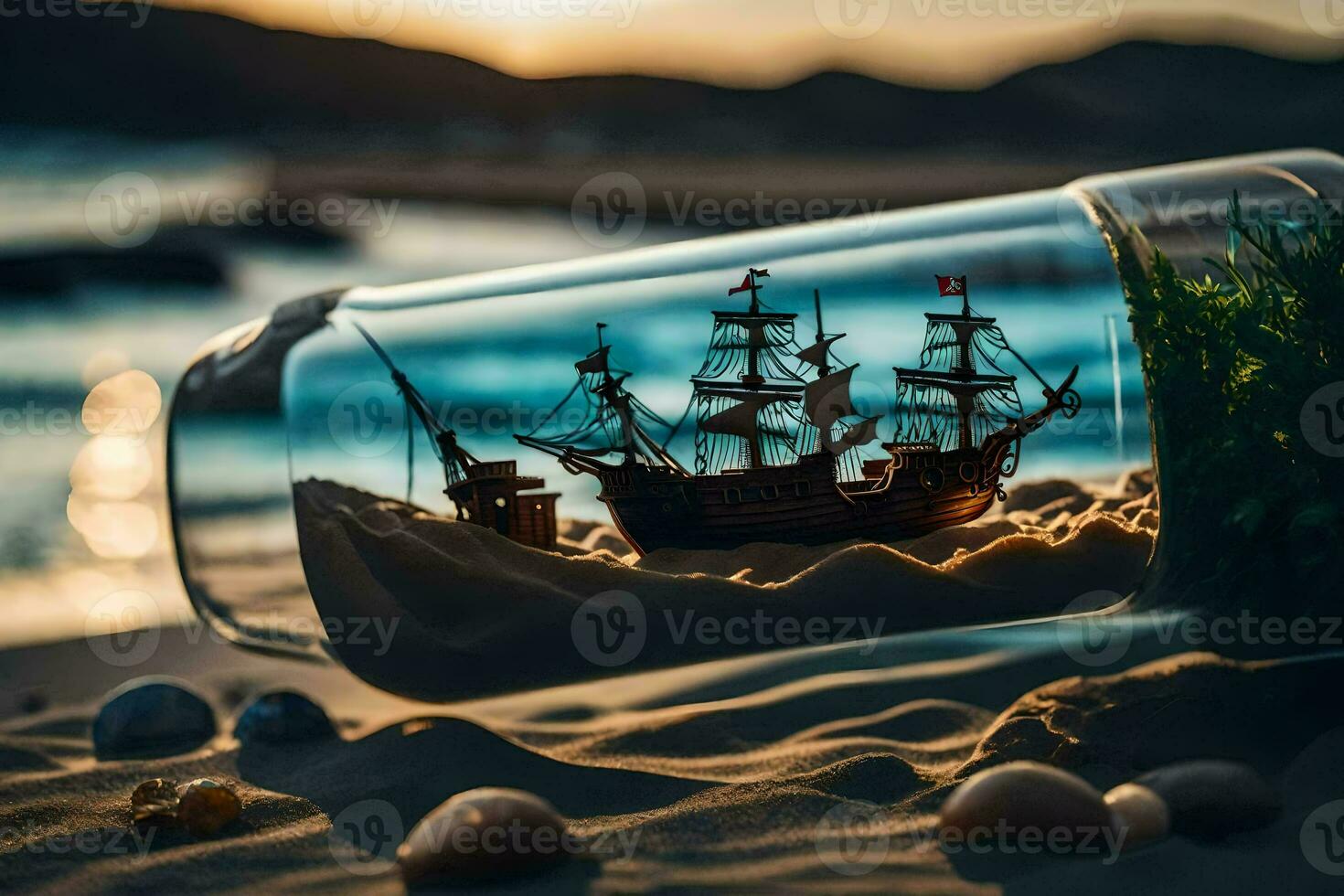 a ship in a bottle on the beach. AI-Generated photo