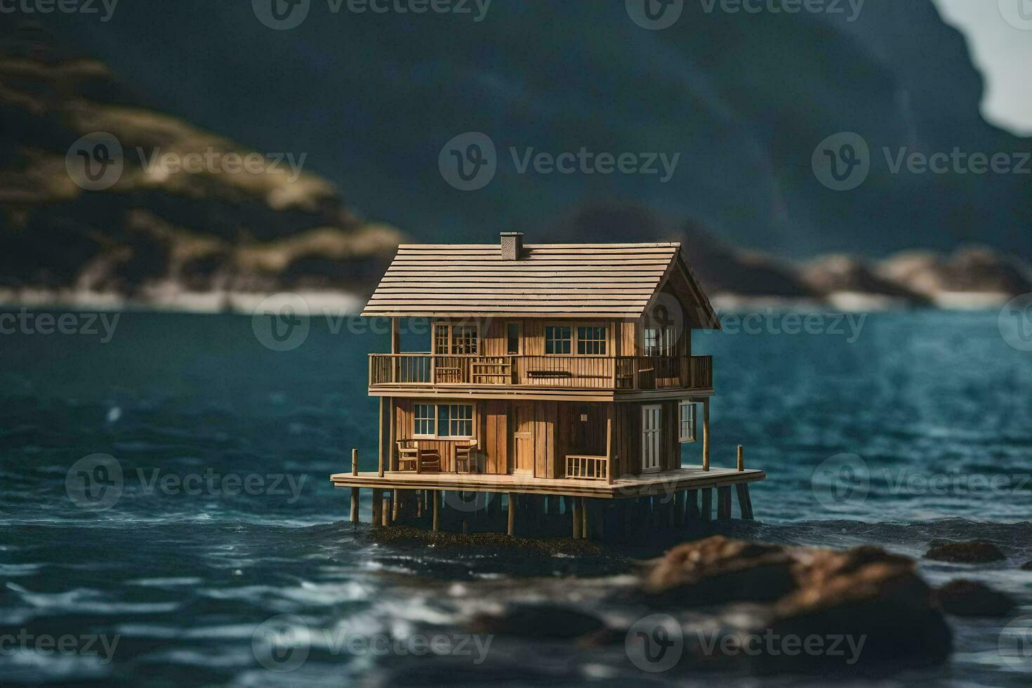 a miniature house on a small island in the ocean. AI-Generated photo