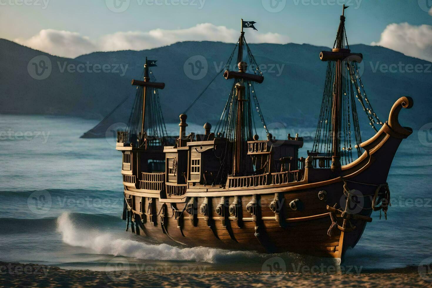 a wooden pirate ship is on the beach. AI-Generated photo