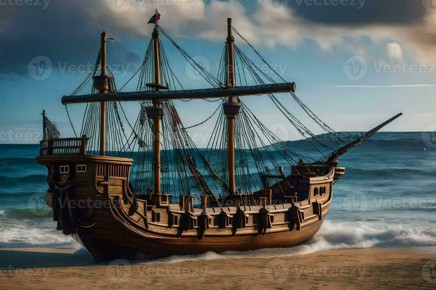 a wooden ship on the beach at sunset. AI-Generated photo
