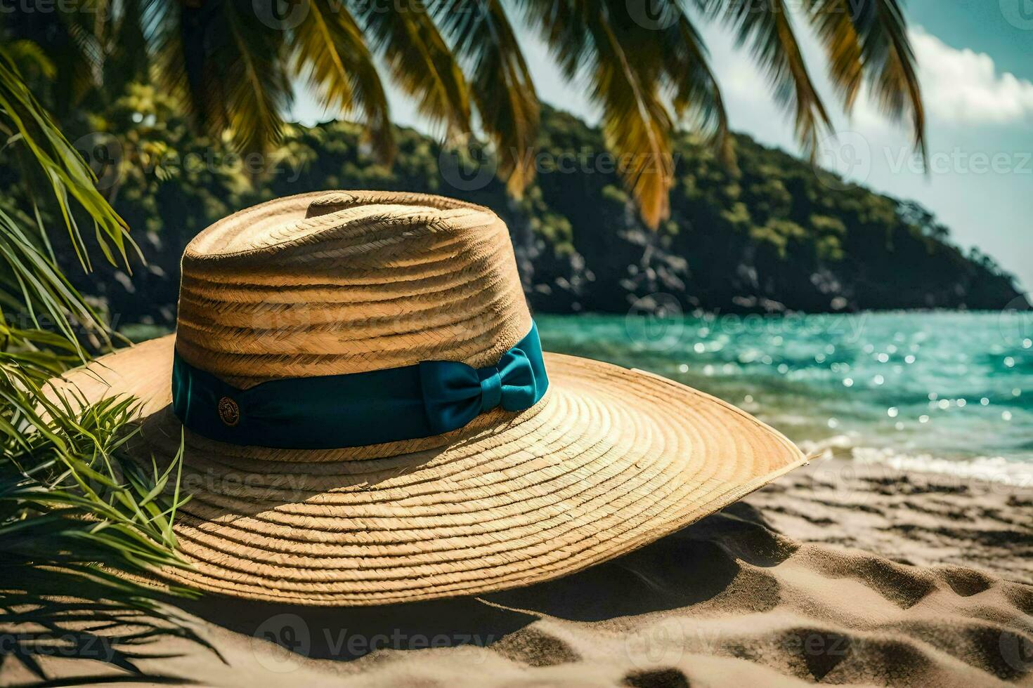 a hat on the beach with palm trees. AI-Generated photo